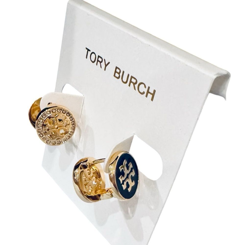 Tory Burch Kira enamel stud earrings in gold and black.